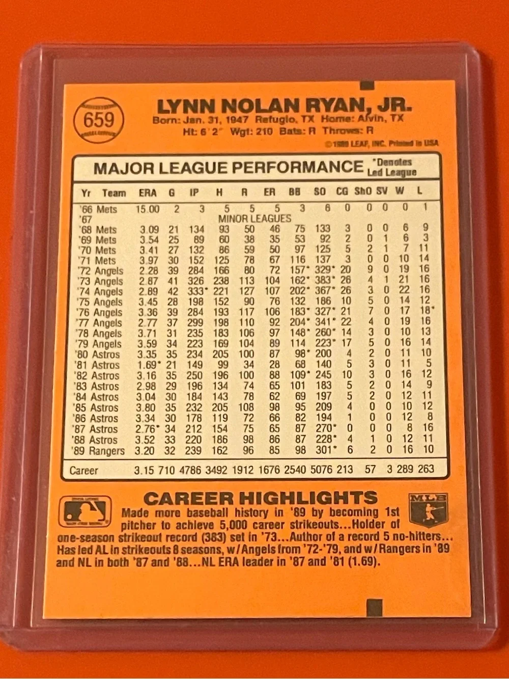 Nolan Ryan #659 1990 Donruss Baseball Trading Card